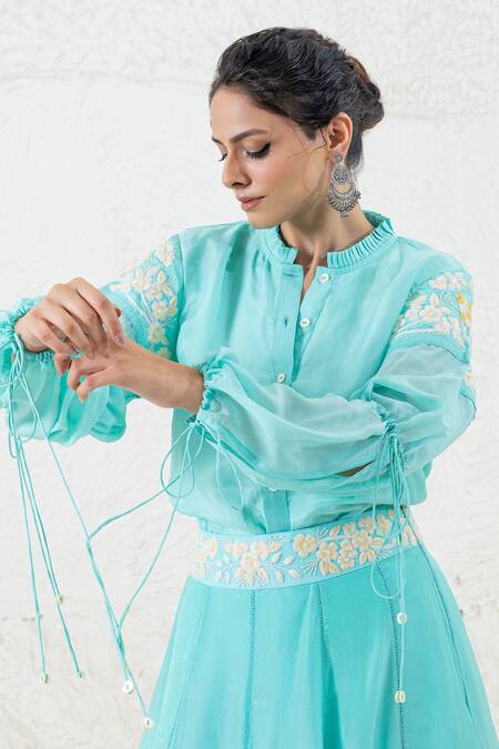 Shruti Sancheti Blue Hemp Embroidery, Lace Bandeau Neck Floral Shirt With Skirt Online at Aza Fashions Shruti Sancheti_Blue Hemp Embroidery, Lace Bandeau Neck Floral Shirt With Skirt _Online_at_Aza_Fashions