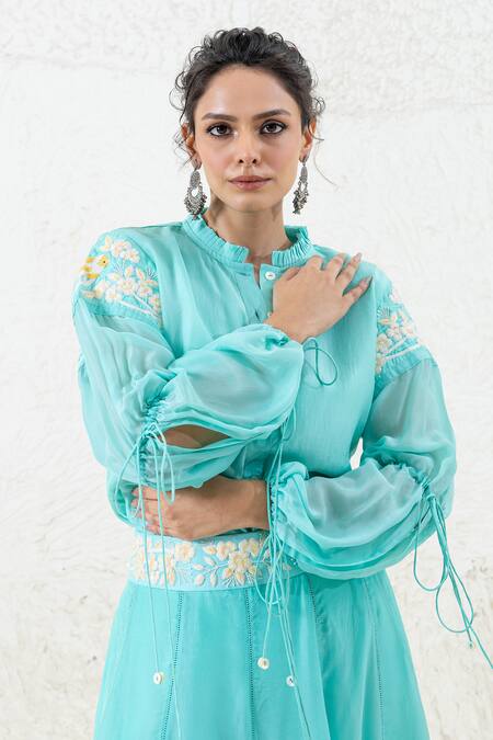 Buy Shruti Sancheti Blue Hemp Embroidery, Lace Bandeau Neck Floral Shirt With Skirt Online at Aza Fashions Buy_Shruti Sancheti_Blue Hemp Embroidery, Lace Bandeau Neck Floral Shirt With Skirt _Online_at_Aza_Fashions