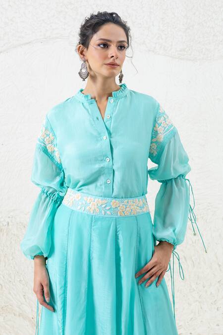 Shop Shruti Sancheti Blue Hemp Embroidery, Lace Bandeau Neck Floral Shirt With Skirt Online at Aza Fashions Shop_Shruti Sancheti_Blue Hemp Embroidery, Lace Bandeau Neck Floral Shirt With Skirt _Online_at_Aza_Fashions