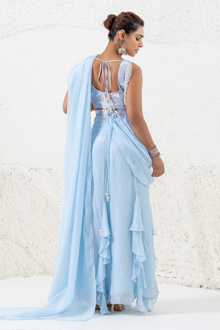 Shop_Shruti Sancheti_Blue Hemp, Silk Sequins, Tassels, Pre-draped Ruffle Saree And Blouse Set _at_Aza_Fashions