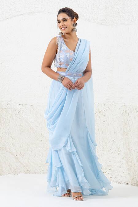 Shruti Sancheti_Blue Hemp, Silk Sequins, Tassels, Pre-draped Ruffle Saree And Blouse Set _Online_at_Aza_Fashions