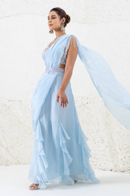 Buy_Shruti Sancheti_Blue Hemp, Silk Sequins, Tassels, Pre-draped Ruffle Saree And Blouse Set _Online_at_Aza_Fashions