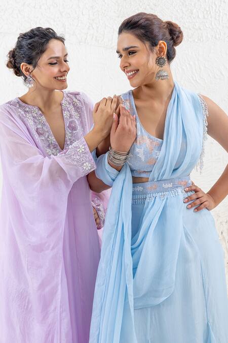 Buy_Shruti Sancheti_Blue Hemp, Silk Sequins, Tassels, Pre-draped Ruffle Saree And Blouse Set 