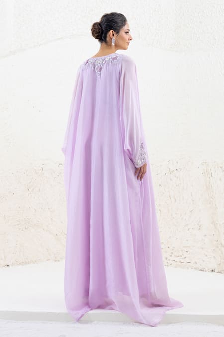 Shop_Shruti Sancheti_Purple Silk Sequins V-neck Embroidered Kaftan _at_Aza_Fashions