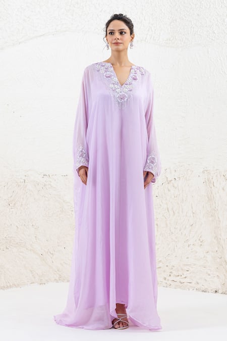 Shruti Sancheti_Purple Silk Sequins V-neck Embroidered Kaftan _Online_at_Aza_Fashions