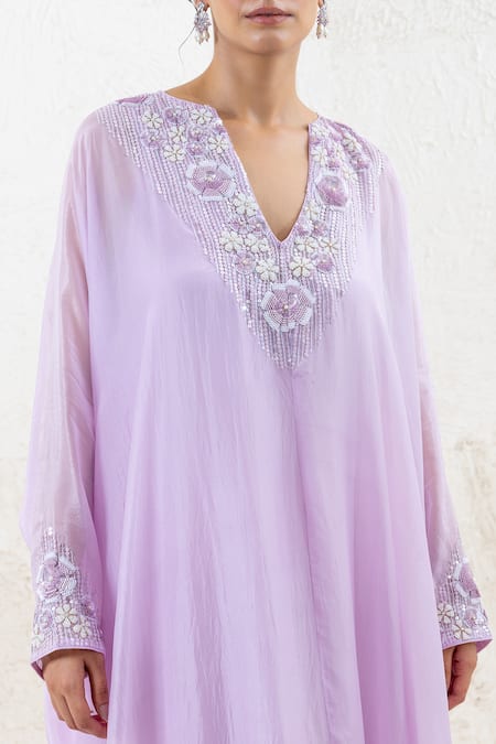 Buy_Shruti Sancheti_Purple Silk Sequins V-neck Embroidered Kaftan _Online_at_Aza_Fashions