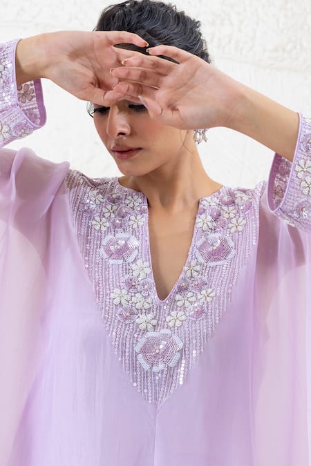 Shop_Shruti Sancheti_Purple Silk Sequins V-neck Embroidered Kaftan _Online_at_Aza_Fashions