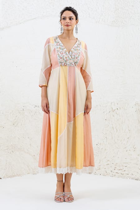 Shop Shruti Sancheti Multi Color Muslin Embroidery V-neck Floral Dress at Aza Fashions Shop_Shruti Sancheti_Multi Color Muslin Embroidery V-neck Floral Dress _at_Aza_Fashions