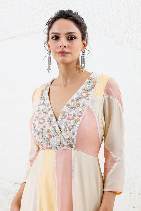 Shruti Sancheti Multi Color Muslin Embroidery V-neck Floral Dress Online at Aza Fashions Shruti Sancheti_Multi Color Muslin Embroidery V-neck Floral Dress _Online_at_Aza_Fashions