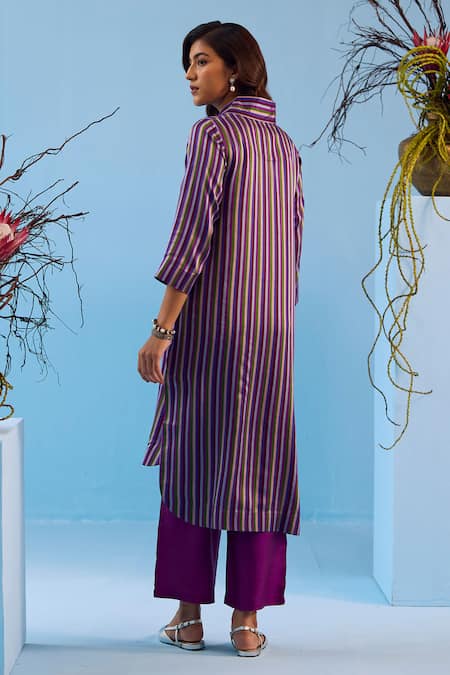 Shop_Surmaye_Multi Color Handloom Cotton, Silk Satin Shawl Mystic Striped Kurta With Pant _at_Aza_Fashions
