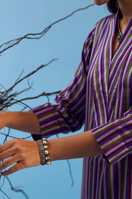 Surmaye_Multi Color Handloom Cotton, Silk Satin Shawl Mystic Striped Kurta With Pant _Online_at_Aza_Fashions