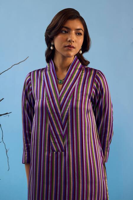 Buy_Surmaye_Multi Color Handloom Cotton, Silk Satin Shawl Mystic Striped Kurta With Pant _Online_at_Aza_Fashions