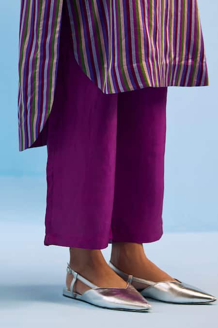 Shop_Surmaye_Multi Color Handloom Cotton, Silk Satin Shawl Mystic Striped Kurta With Pant _Online_at_Aza_Fashions