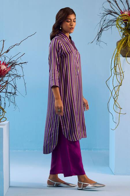 Surmaye_Multi Color Handloom Cotton, Silk Satin Shawl Mystic Striped Kurta With Pant _at_Aza_Fashions