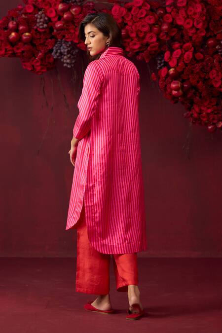 Shop_Surmaye_Pink Silk Satin Shawl Neck Mystic Striped Pattern Kurta With Pant _at_Aza_Fashions