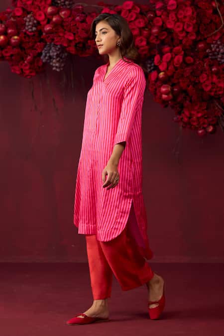 Surmaye_Pink Silk Satin Shawl Neck Mystic Striped Pattern Kurta With Pant _Online_at_Aza_Fashions