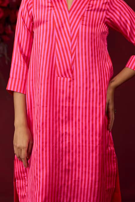 Buy_Surmaye_Pink Silk Satin Shawl Neck Mystic Striped Pattern Kurta With Pant _Online_at_Aza_Fashions