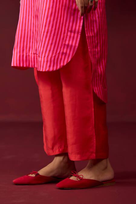Shop_Surmaye_Pink Silk Satin Shawl Neck Mystic Striped Pattern Kurta With Pant _Online_at_Aza_Fashions
