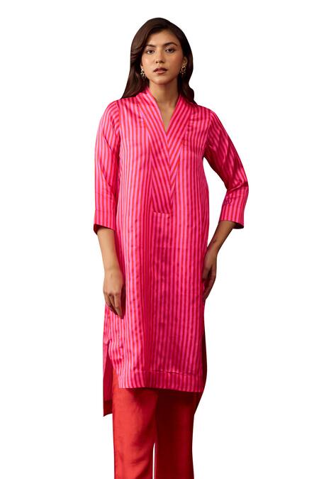 Buy_Surmaye_Pink Silk Satin Shawl Neck Mystic Striped Pattern Kurta With Pant 
