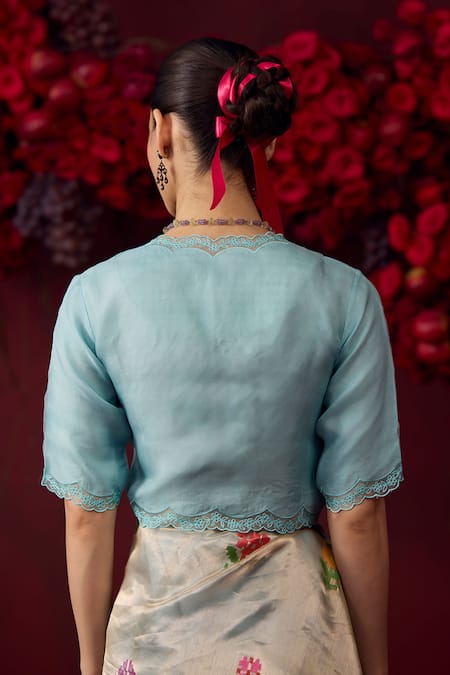 Shop_Surmaye_Blue Silk Lace V-neck Celestial Floral Scalloped Embellished Blouse _at_Aza_Fashions