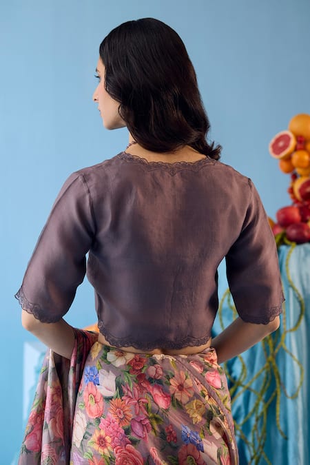 Shop_Surmaye_Grey Embroidery V-neck Celestial Bloom Scalloped Lace Embellished Blouse _at_Aza_Fashions