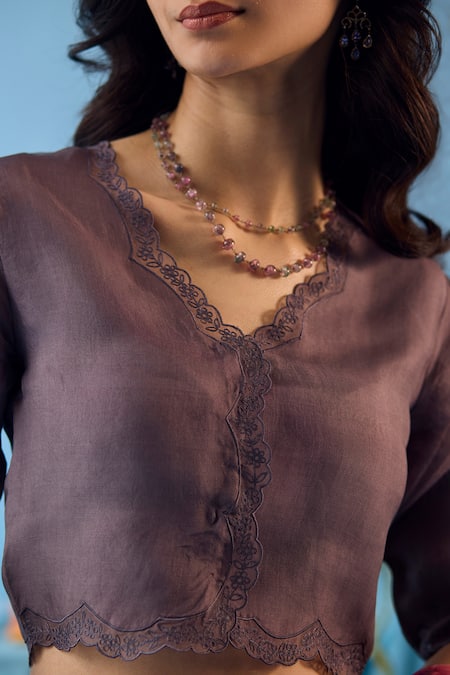 Surmaye_Grey Embroidery V-neck Celestial Bloom Scalloped Lace Embellished Blouse _Online_at_Aza_Fashions