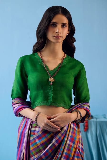 Surmaye Green Organza Silk Lining Mulberry Celestial Blouse 