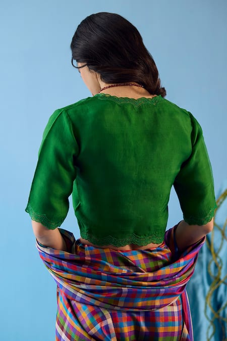 Shop_Surmaye_Green Silk Lace V-neck Celestial Blossom Scalloped Embellished Blouse _at_Aza_Fashions