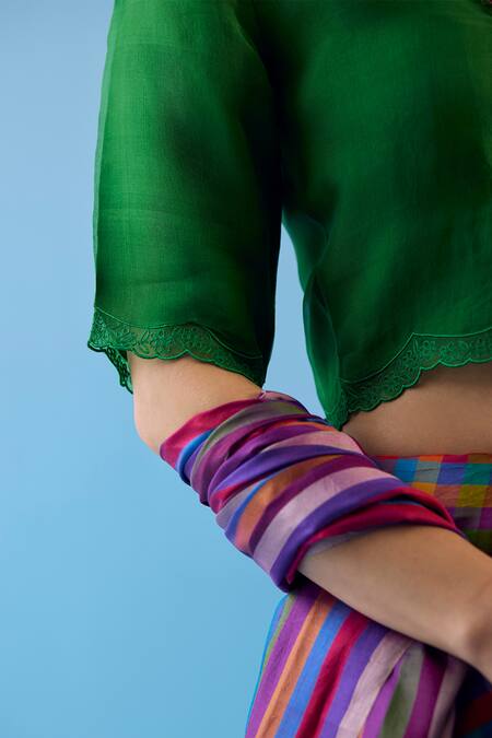 Surmaye_Green Silk Lace V-neck Celestial Blossom Scalloped Embellished Blouse _Online_at_Aza_Fashions