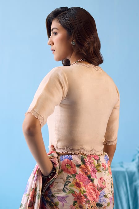 Shop_Surmaye_Beige Silk Lace V-neck Celestial Flora Scalloped Embellished Blouse _at_Aza_Fashions