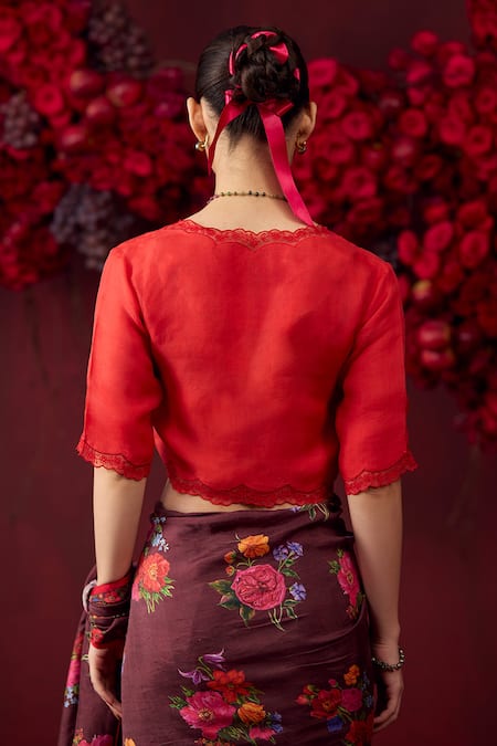 Surmaye_Red Silk Embroidery V-neck Celestial Floral Scalloped Lace Embellished Blouse _Online_at_Aza_Fashions