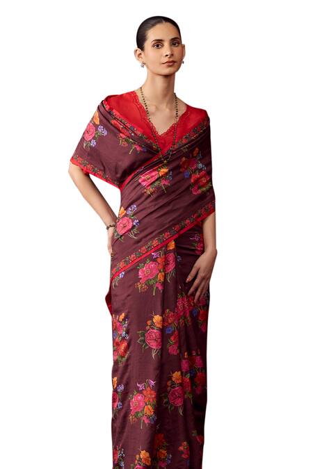 Buy_Surmaye_Red Silk Embroidery V-neck Celestial Floral Scalloped Lace Embellished Blouse _Online_at_Aza_Fashions