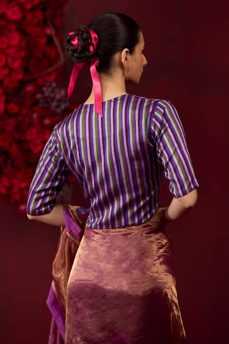 Shop_Surmaye_Multi Color Silk Satin Split V-neck Cheerful Striped Blouse _at_Aza_Fashions