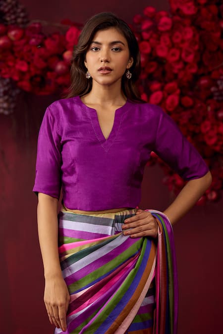 Surmaye Purple Handwoven Mulberry Silk Solid Split V Neck Cheerful Blouse 