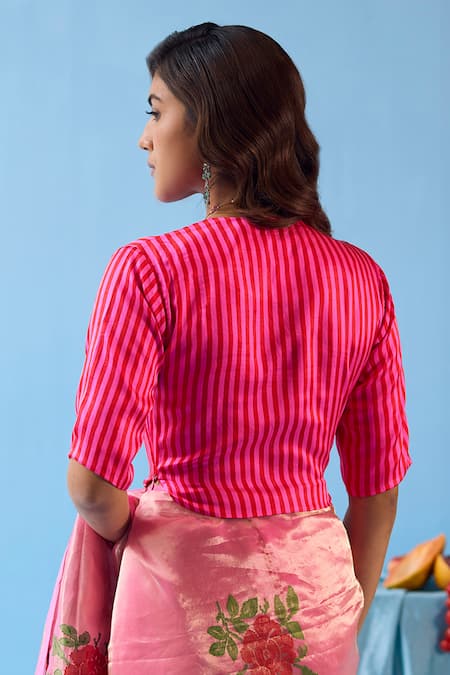 Shop Surmaye Pink Silk Satin Split V-neck Cheerful Striped Pattern Blouse at Aza Fashions Shop_Surmaye_Pink Silk Satin Split V-neck Cheerful Striped Pattern Blouse _at_Aza_Fashions