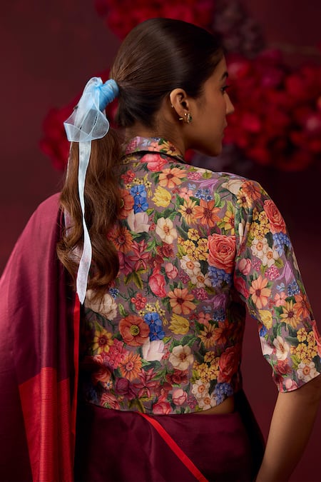 Surmaye_Multi Color Silk Collared Enigma Florence Print Shirt Blouse _Online_at_Aza_Fashions