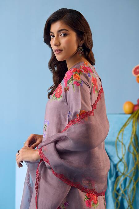 Shop_Surmaye_Grey Organza, Silk Cut Work Ethereal Scalloped Flora Border Dupatta _at_Aza_Fashions