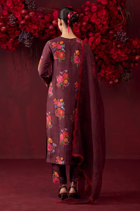 Shop_Surmaye_Burgundy Organza, Silk Ethereal Scalloped Blossom Cutwork Border Dupatta _at_Aza_Fashions