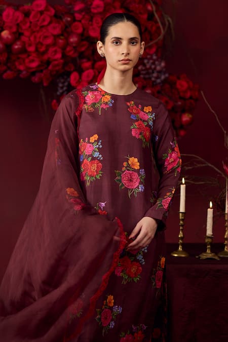 Surmaye_Burgundy Organza, Silk Ethereal Scalloped Blossom Cutwork Border Dupatta _Online_at_Aza_Fashions