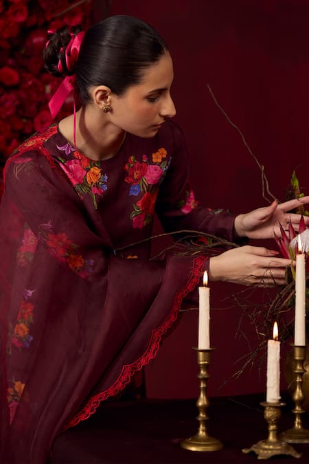 Shop_Surmaye_Burgundy Organza, Silk Ethereal Scalloped Blossom Cutwork Border Dupatta _Online_at_Aza_Fashions