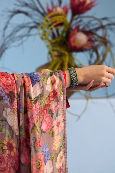 Shop_Surmaye_Grey Organza Embroidery Glorious Meadow Floral Print Dupatta _Online_at_Aza_Fashions