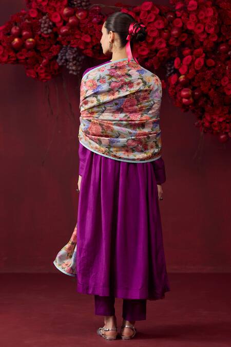 Shop Surmaye Blue Organza Embroidery Glorious Meadow Peony Garden Print Dupatta at Aza Fashions Shop_Surmaye_Blue Organza Embroidery Glorious Meadow Peony Garden Print Dupatta _at_Aza_Fashions