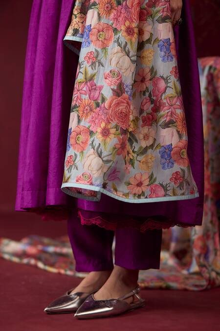 Surmaye Blue Organza Embroidery Glorious Meadow Peony Garden Print Dupatta Online at Aza Fashions Surmaye_Blue Organza Embroidery Glorious Meadow Peony Garden Print Dupatta _Online_at_Aza_Fashions