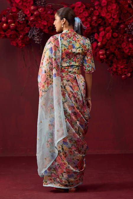 Shop Surmaye Blue Handloom Cotton Whimsical Garden Floral Print Saree at Aza Fashions Shop_Surmaye_Blue Handloom Cotton Whimsical Garden Floral Print Saree _at_Aza_Fashions