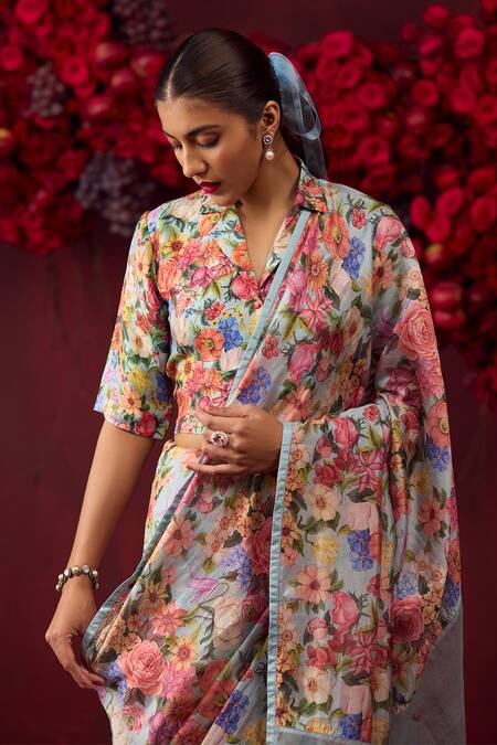 Shop Surmaye Blue Handloom Cotton Whimsical Garden Floral Print Saree Online at Aza Fashions Shop_Surmaye_Blue Handloom Cotton Whimsical Garden Floral Print Saree _Online_at_Aza_Fashions