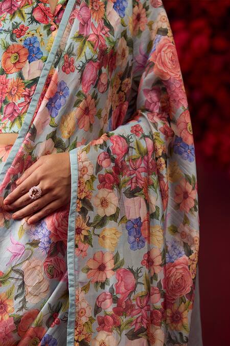 Surmaye Blue Handloom Cotton Whimsical Garden Floral Print Saree at Aza Fashions Surmaye_Blue Handloom Cotton Whimsical Garden Floral Print Saree _at_Aza_Fashions