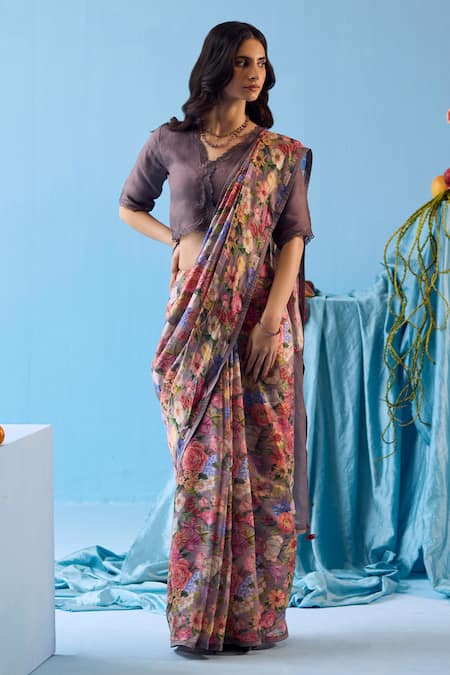 Surmaye Grey Handwoven Organza Mulberry Silk Printed Floral Whimsical Garden Saree 