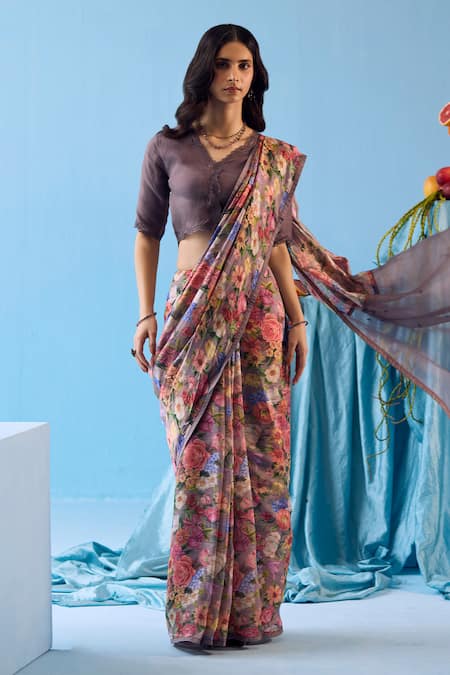 Buy Surmaye Grey Silk Whimsical Garden Handwoven Floral Print Saree Online at Aza Fashions Buy_Surmaye_Grey Silk Whimsical Garden Handwoven Floral Print Saree _Online_at_Aza_Fashions
