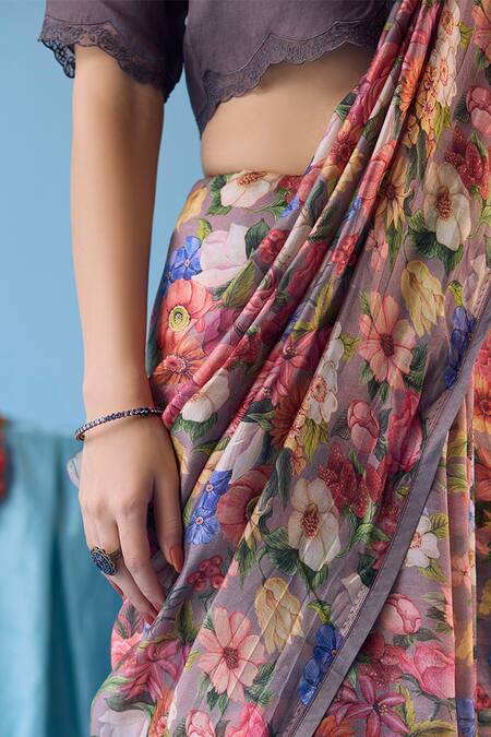 Shop Surmaye Grey Silk Whimsical Garden Handwoven Floral Print Saree Online at Aza Fashions Shop_Surmaye_Grey Silk Whimsical Garden Handwoven Floral Print Saree _Online_at_Aza_Fashions