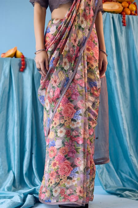 Buy Surmaye Grey Silk Whimsical Garden Handwoven Floral Print Saree Buy_Surmaye_Grey Silk Whimsical Garden Handwoven Floral Print Saree